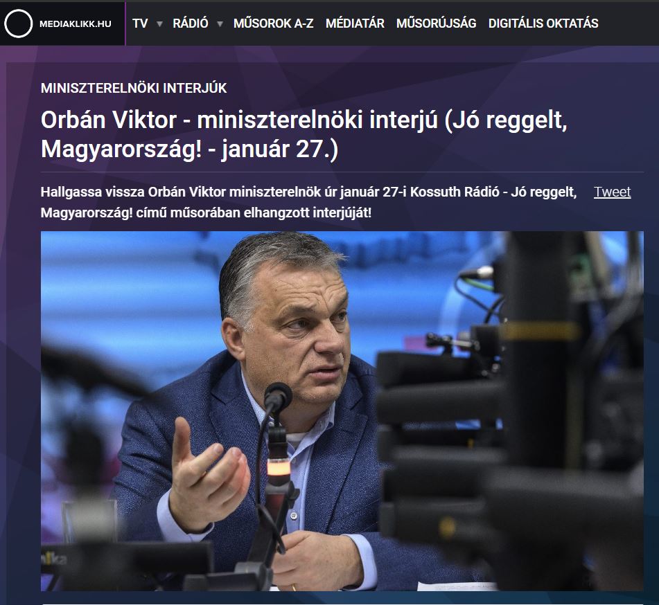 Интервью Виктора Орбана на сайте mediaklikk.hu
