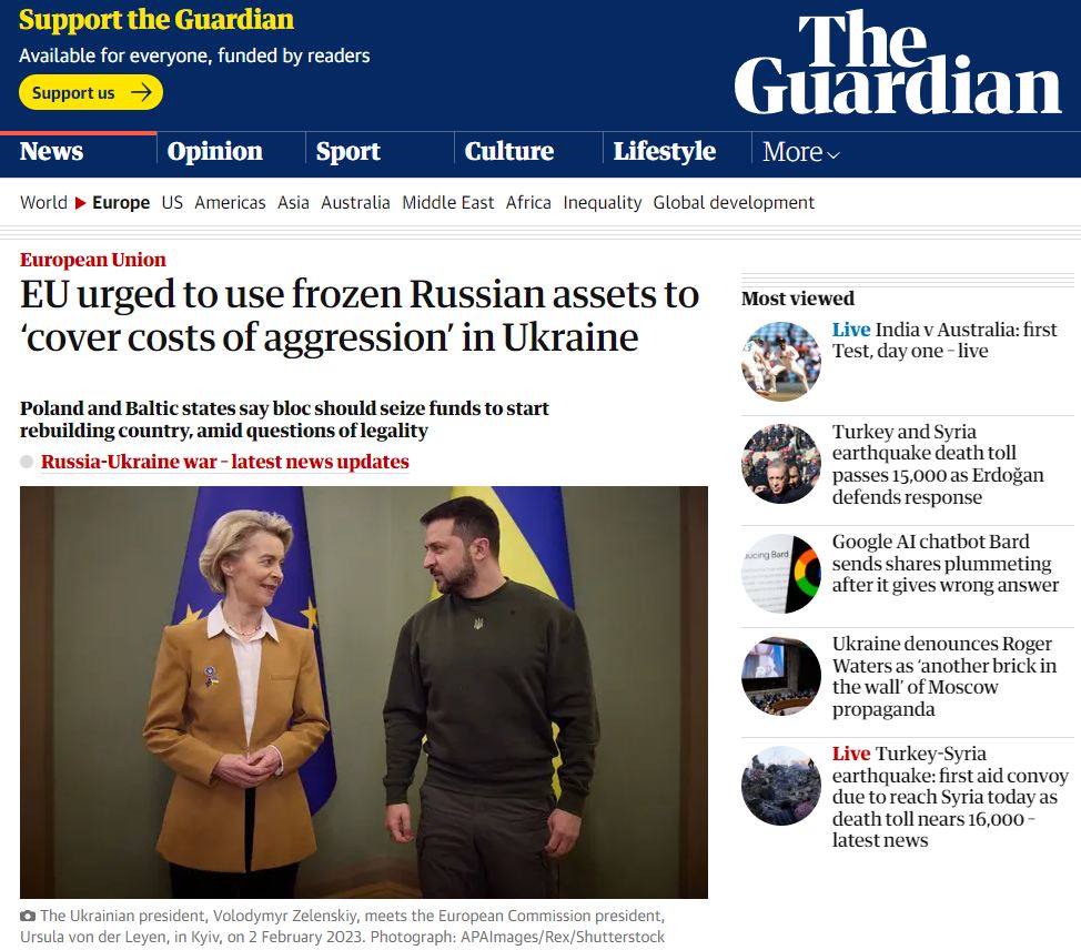 Урсула фон дер Ляйен и Владимир Зеленский, скриншот с сайта The Guardian