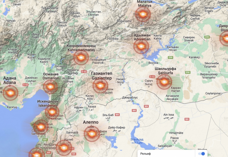 Эпицентр землетрясения в Турции и Сирии.