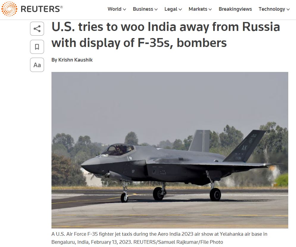 Reuters: США приманивают Индию демонстрацией F-35, чтобы отвадить её от России