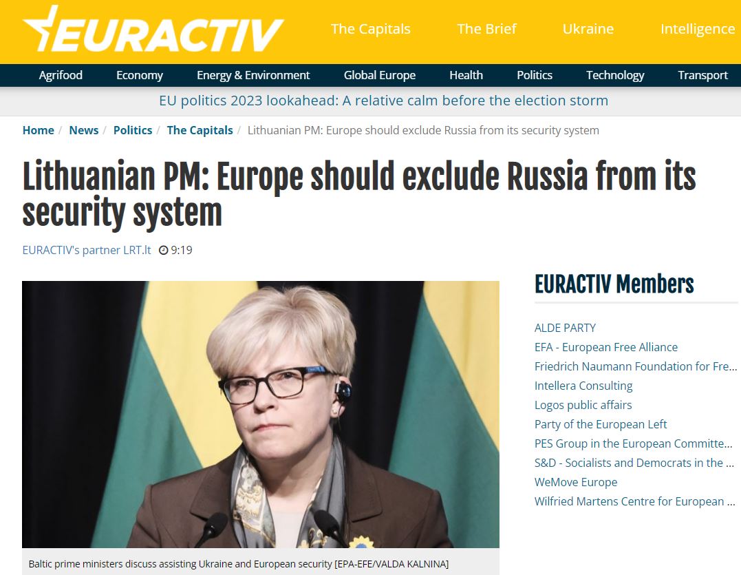 Euractiv: премьер-министр Литвы призвала не оглядываться на Россию