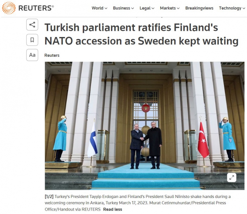 Reuters: Турция одобрила членство Финляндии в НАТО, но перспективы Швеции остаются неясными