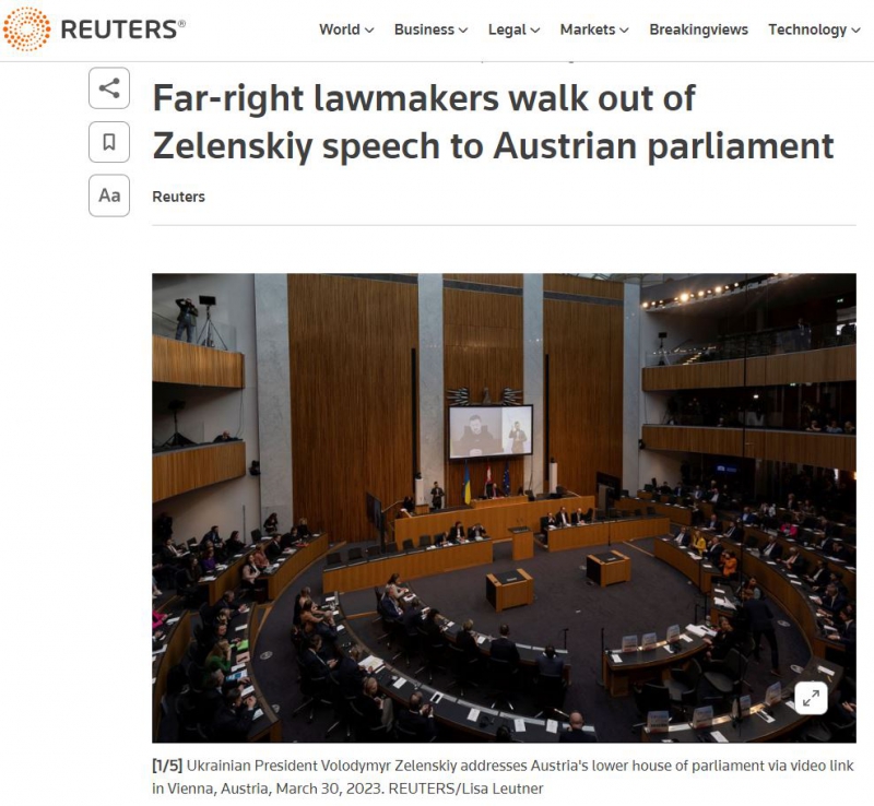 Владимир Зеленский по видеосвязи обращается к парламенту Австрии, скриншот с сайта Reuters