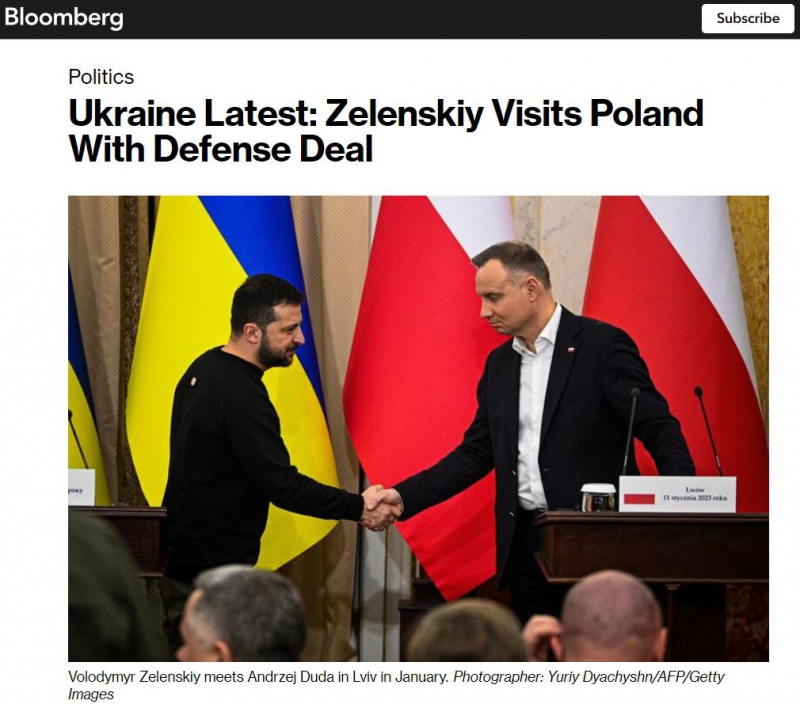 Владимир Зеленский и Анджей Дуда, скриншот с сайта Bloomberg
