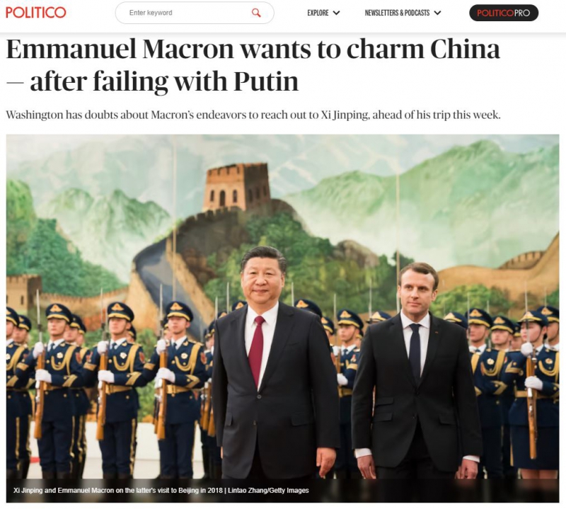 Си Цзиньпин и Эммануэль Макрон, скриншот с сайта Politico