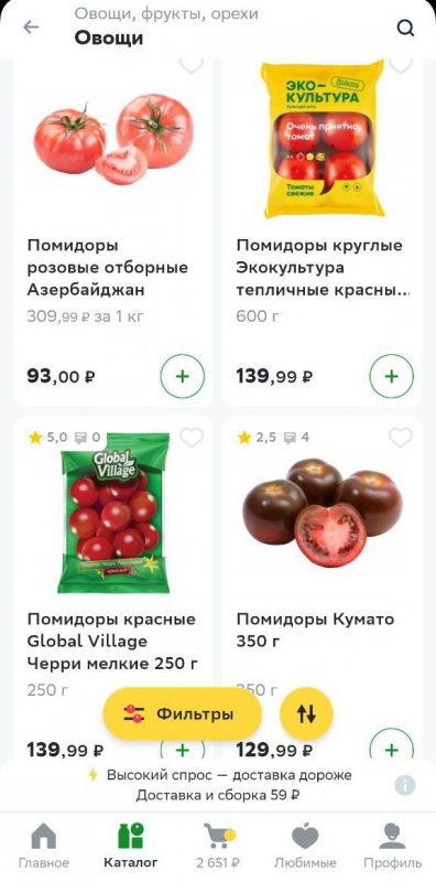Цены на помидоры в сетевом супермаркете 