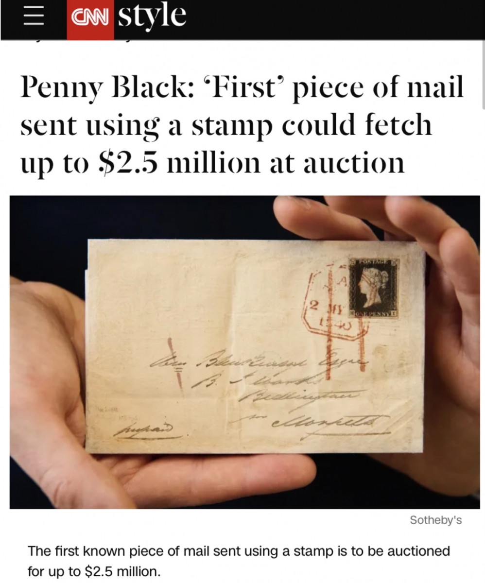 Penny Black: 'First' piece of mail sent using a stamp could fetch up to  $2.5 million at auction