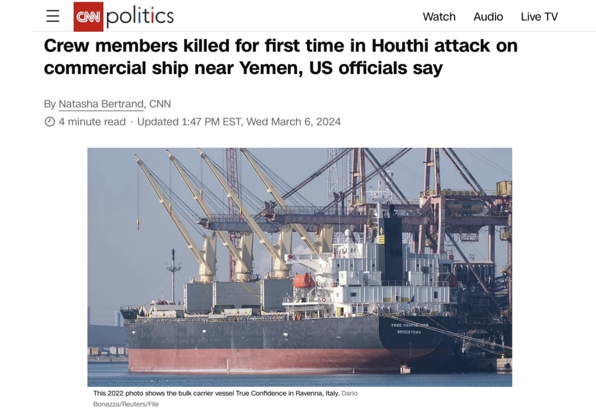 Из-за атак хуситов в Красном море впервые погибли люди
