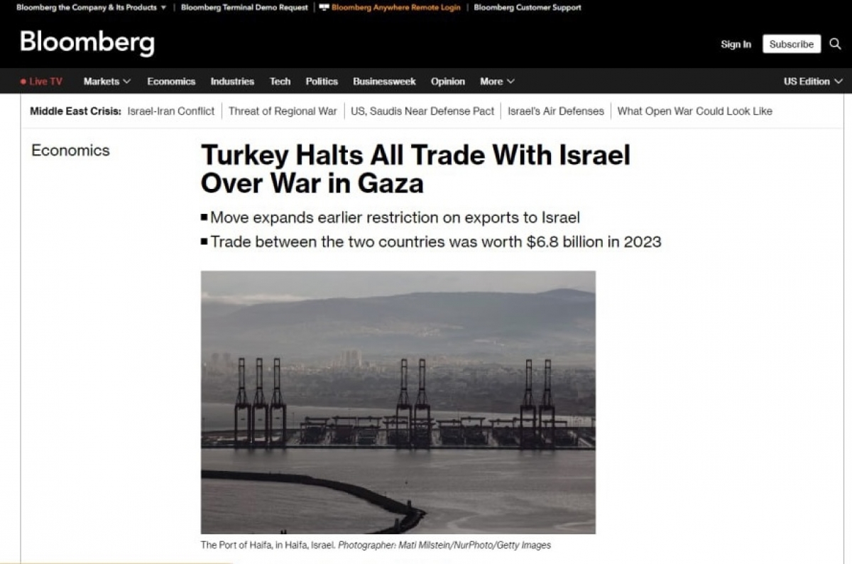 Турция прекратила всю торговлю с Израилем из-за войны в секторе Газа