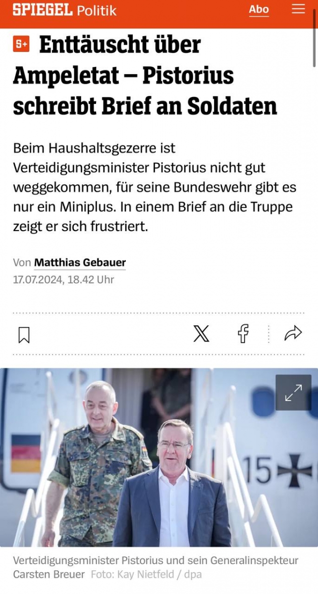 Der Spiegel: Писториус недоволен бюджетом на военные расходы