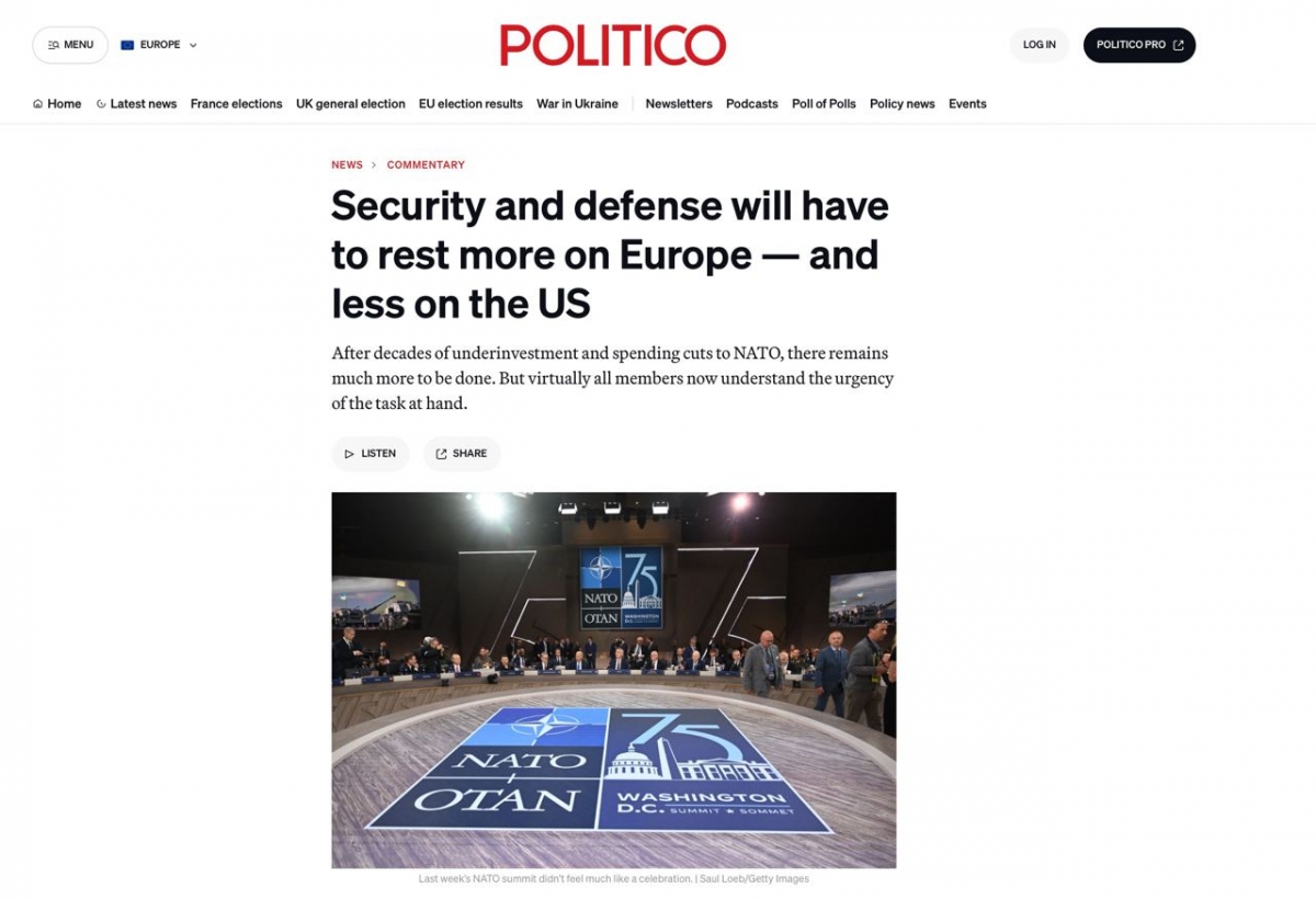 Politico: Европе придется взвалить на свои плечи безопасность и оборону