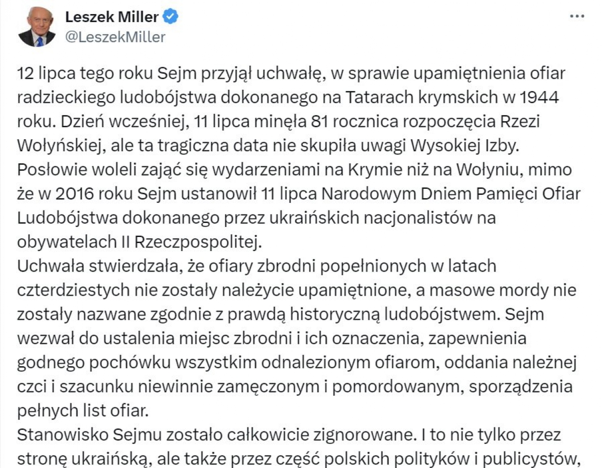 Экс-премьер Польши Миллер: «Сейм волнуют крымские татары, но не жертвы Волыни»