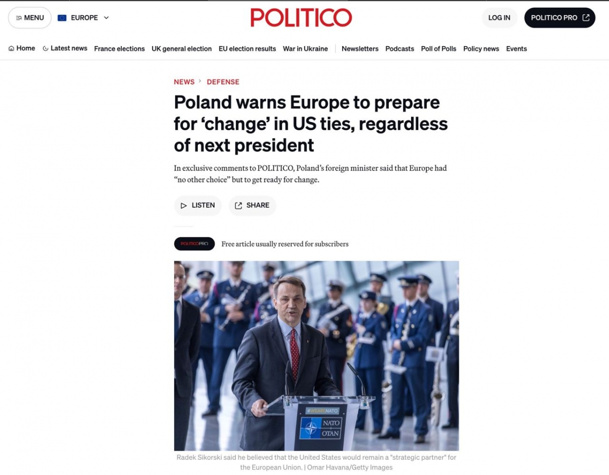 Politico: Польша предупредила Европу, что пора готовиться к изменениям в отношениях с США